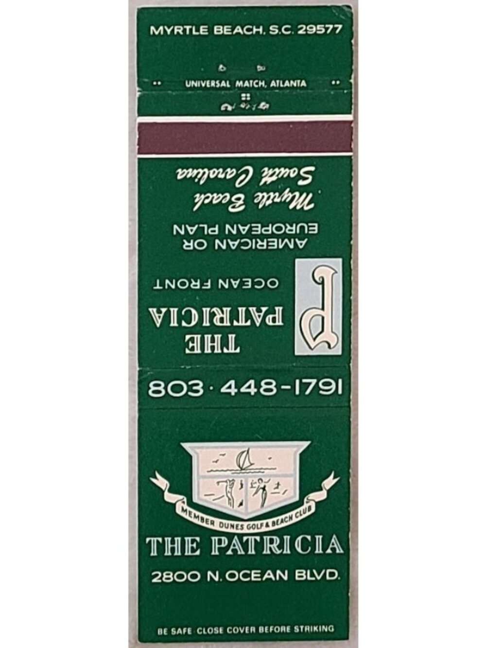 Vintage Matchbook Cover The Patricia Myrtle Beach SC Oceanfront Hotel Golf